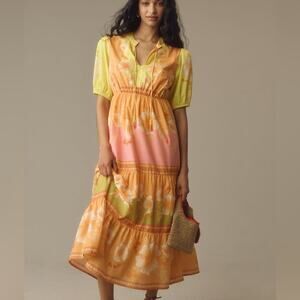 Farm Rio x Anthropologie Short-Sleeve Tiered Midi Dress Size Large NWT